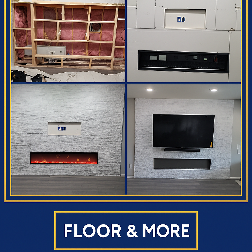 Four-stage transformation of a modern entertainment wall by Floor & More – includes framing, electric fireplace installation, stone veneer finish, and mounted flat-screen TV with built-in soundbar. Completed in Centennial, CO