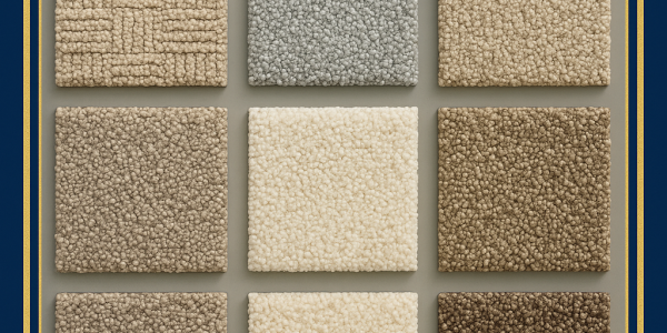 Carpet swatch board displaying 12 textured and plush carpet samples in neutral tones, branded with Floor & More logo