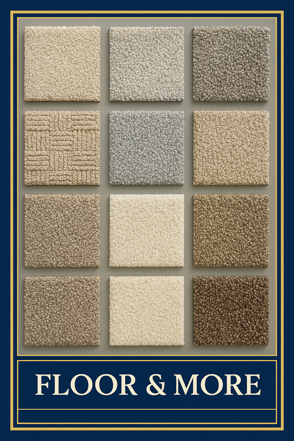 Twelve carpet texture samples in a variety of beige, gray, and brown tones arranged in a 3x4 grid – featured by Floor & More, a flooring company serving Centennial, Aurora, and Parker, CO.