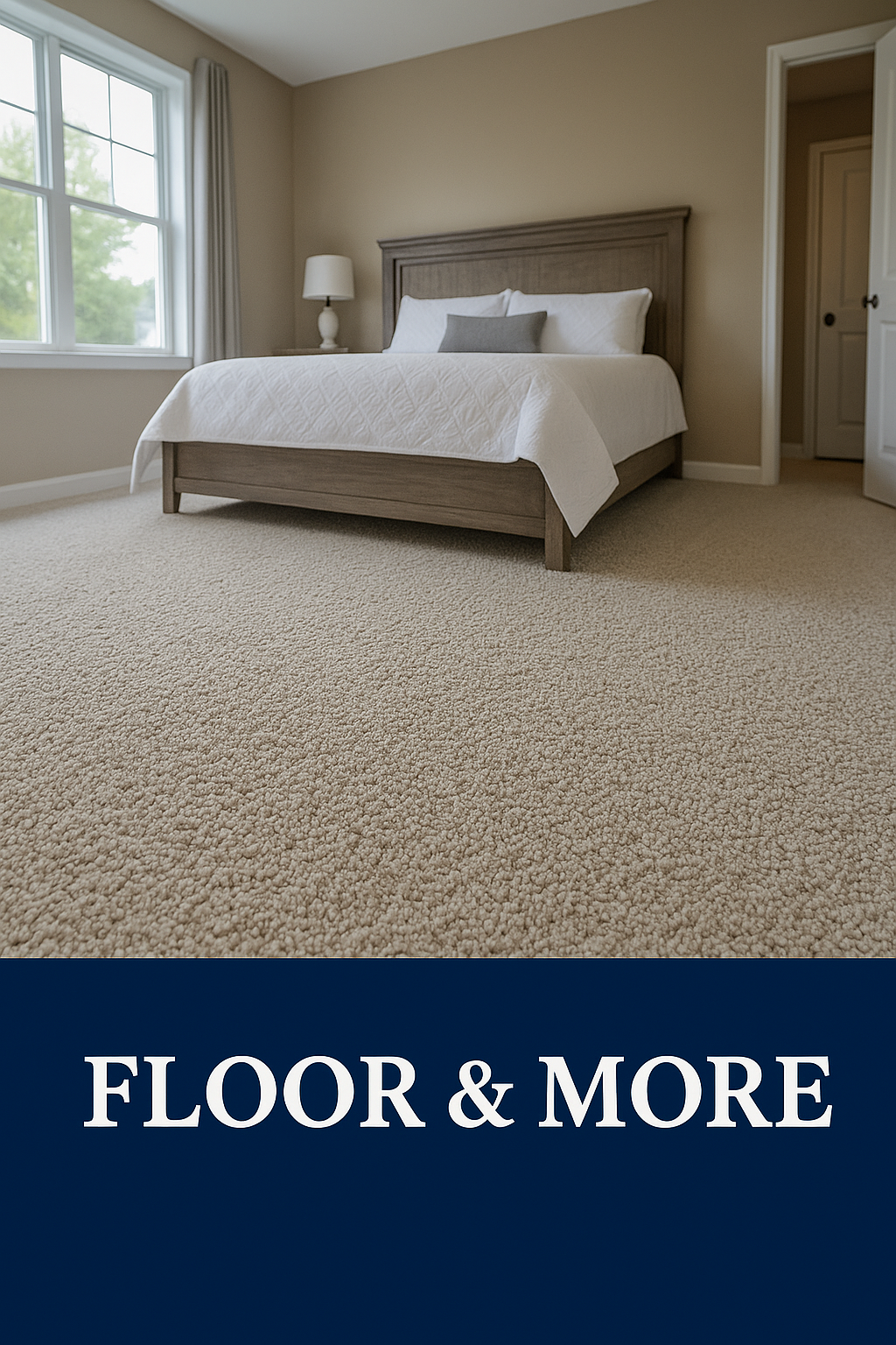 Plush loop-pile beige carpet installed in a warm-toned bedroom with natural light and rustic wood bed — by Floor & More in Centennial, CO