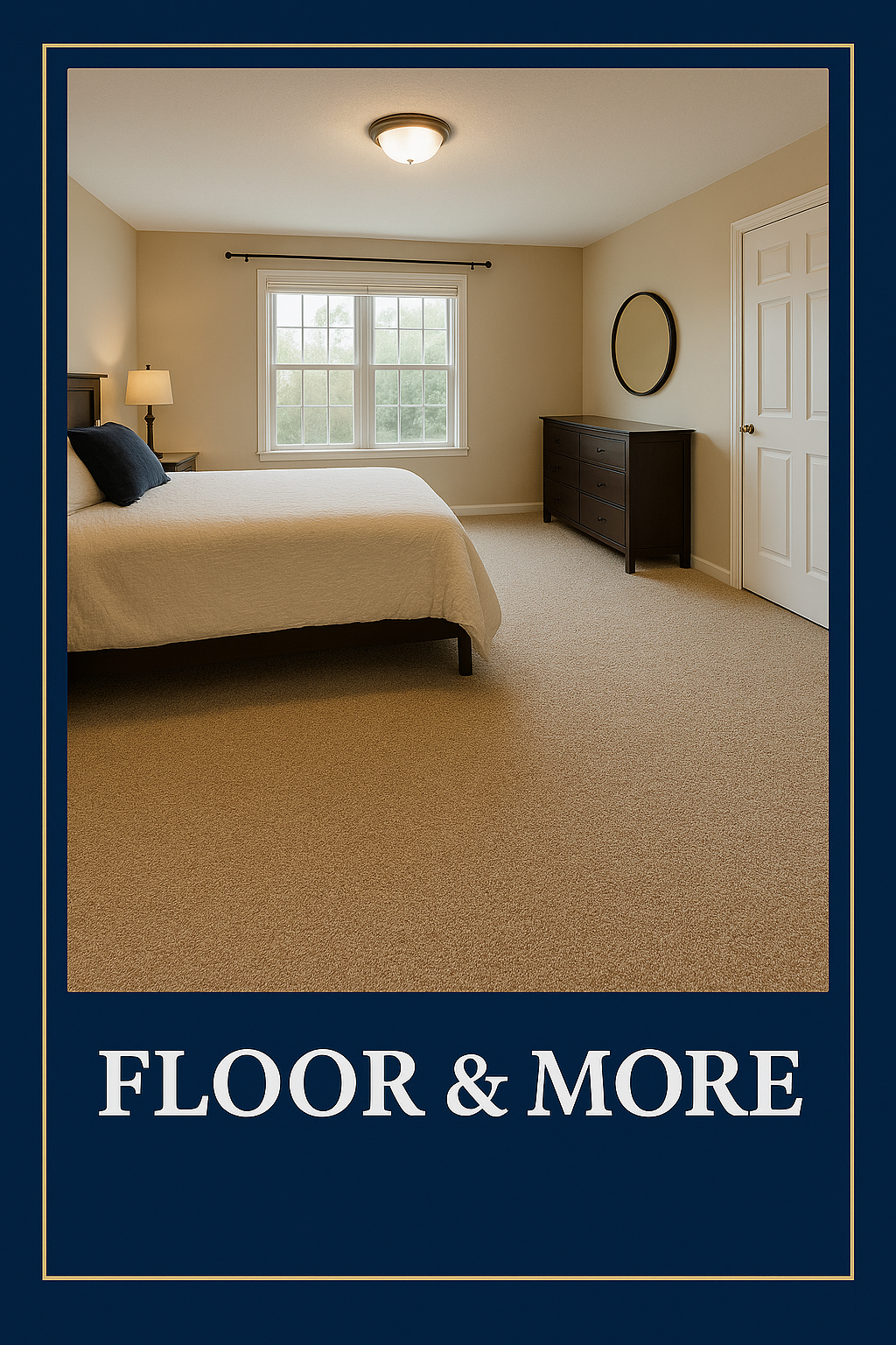 Warm beige wall-to-wall carpet installation in a contemporary Centennial, CO bedroom with natural lighting and dark wood furniture, by Floor & More.