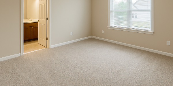 Newly installed neutral beige carpet in an empty master bedroom with natural light and attached bathroom — expertly installed by Floor & More, Centennial CO’s top-rated carpet store