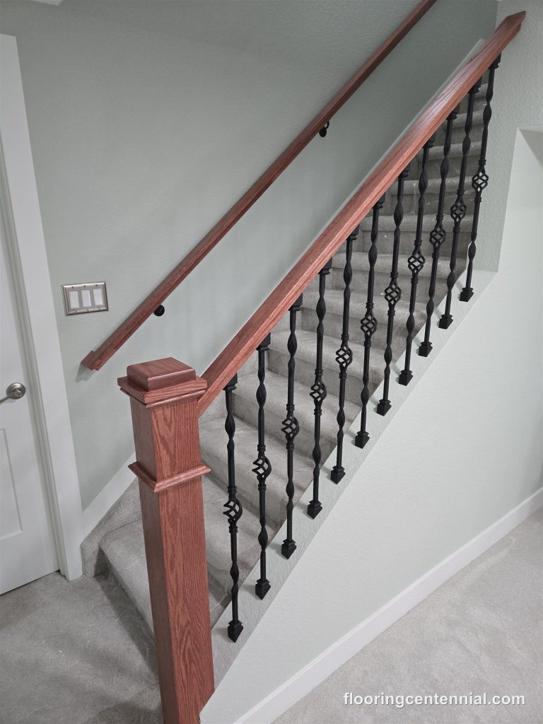 Basement stairs with new carpet and painted railing, Aurora CO