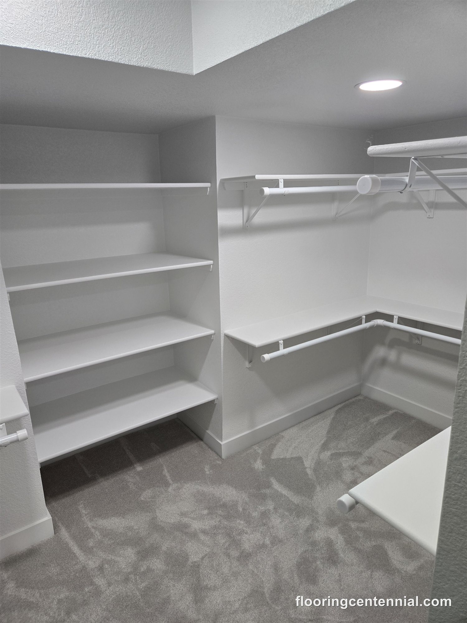 Custom-built closet shelving in a finished basement, Aurora CO