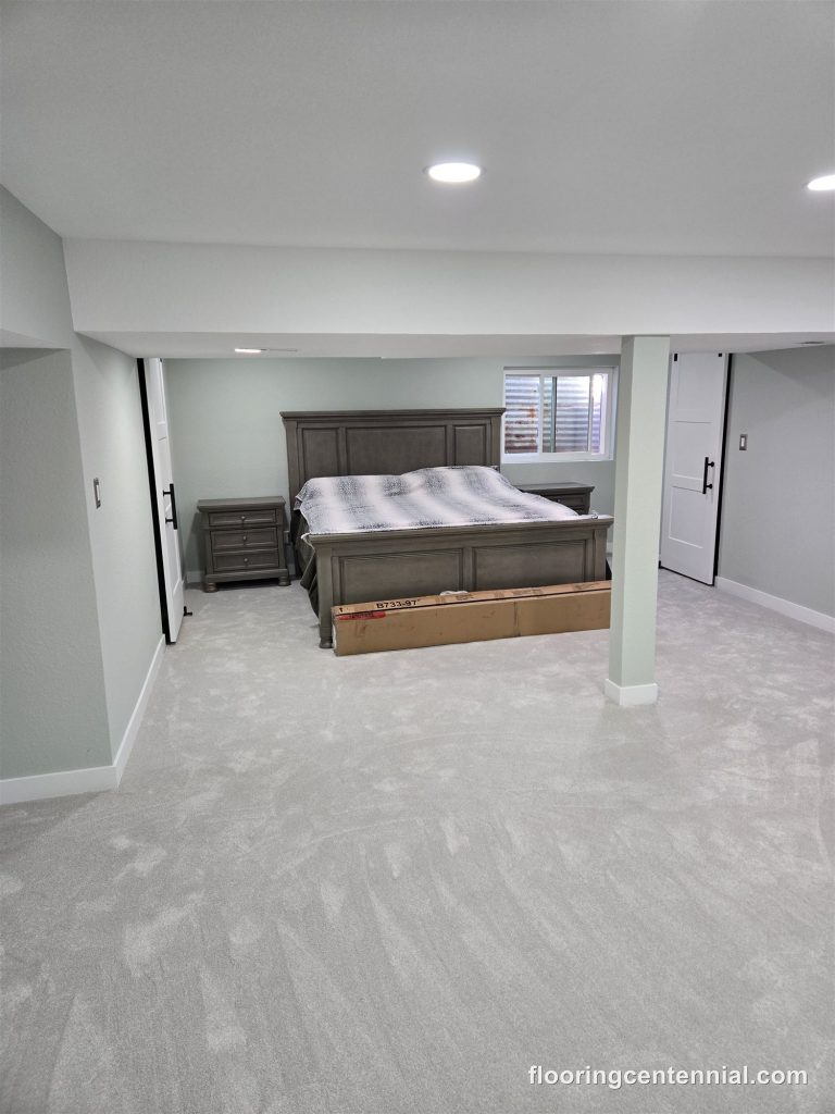 Finished basement bedroom with new carpet and recessed lighting, Aurora CO