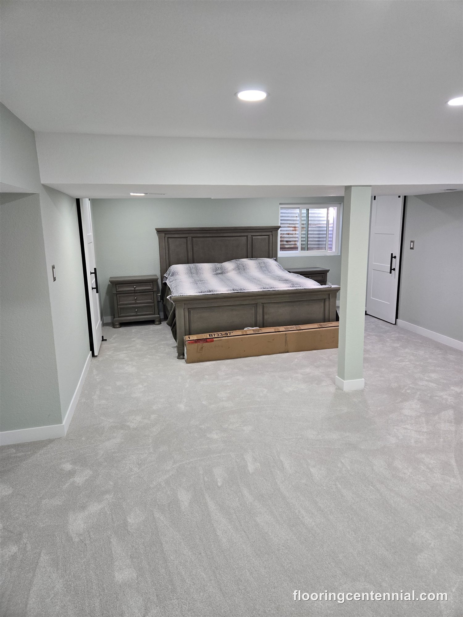 Finished basement bedroom with new carpet and recessed lighting, Aurora CO